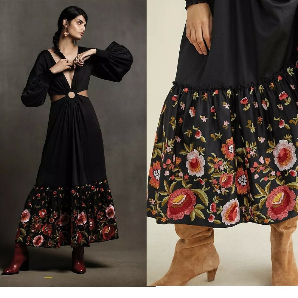 Anthropologie Black Maxi Dress with Red & Pink Floral Hem
